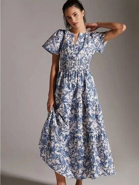 Like New! Anthropologie Blue and White Floral Maxi Dress, Sz. Small.